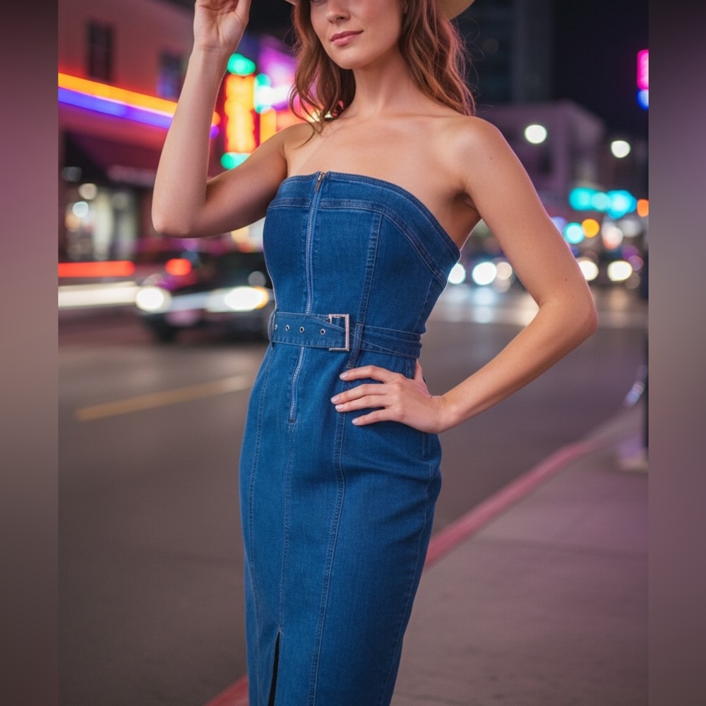 Fashion Nova Strapless Denim Midi Dress — NWOT